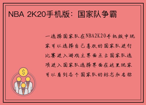 NBA 2K20手机版：国家队争霸